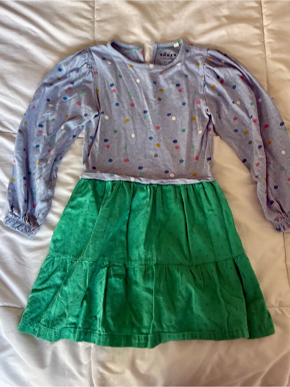 Mini Boden Lavender Polka Dot Top with Green Tiered Skirt